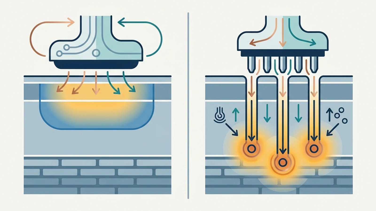 Diagrama esquemático de entrega de energía con y sin microagujas, sin marcas.