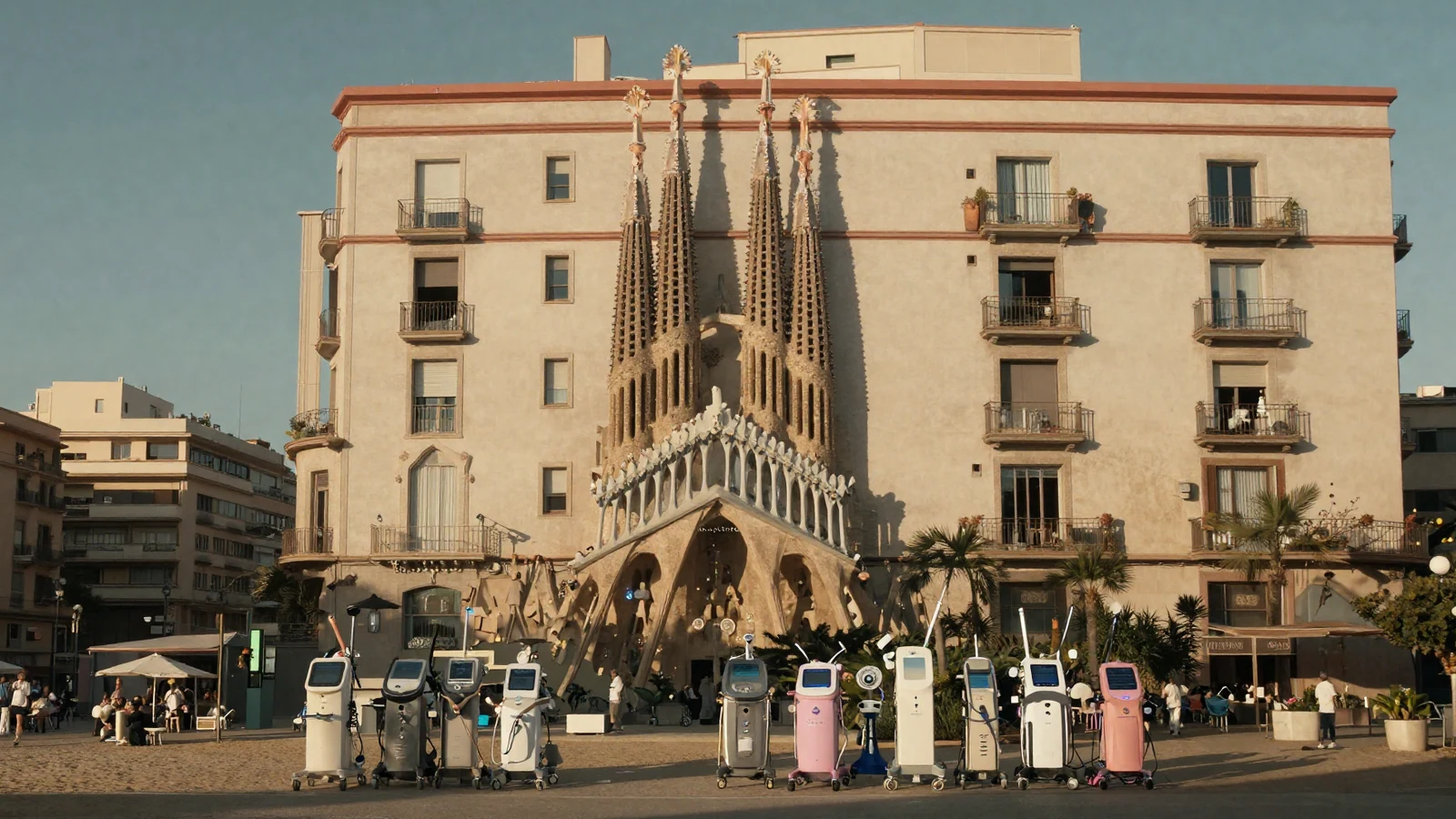 Textura urbana mediterránea al atardecer, contexto Barcelona sin monumentos.
