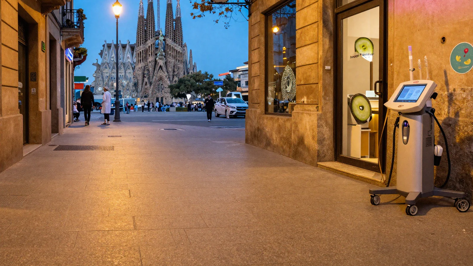 Acera urbana al atardecer, acceso local en Barcelona.